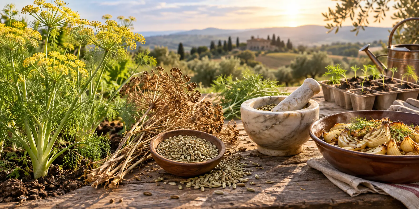 Fennel shown as a flowering plant, seeds, ground spice, a cooked dish and young seedlings